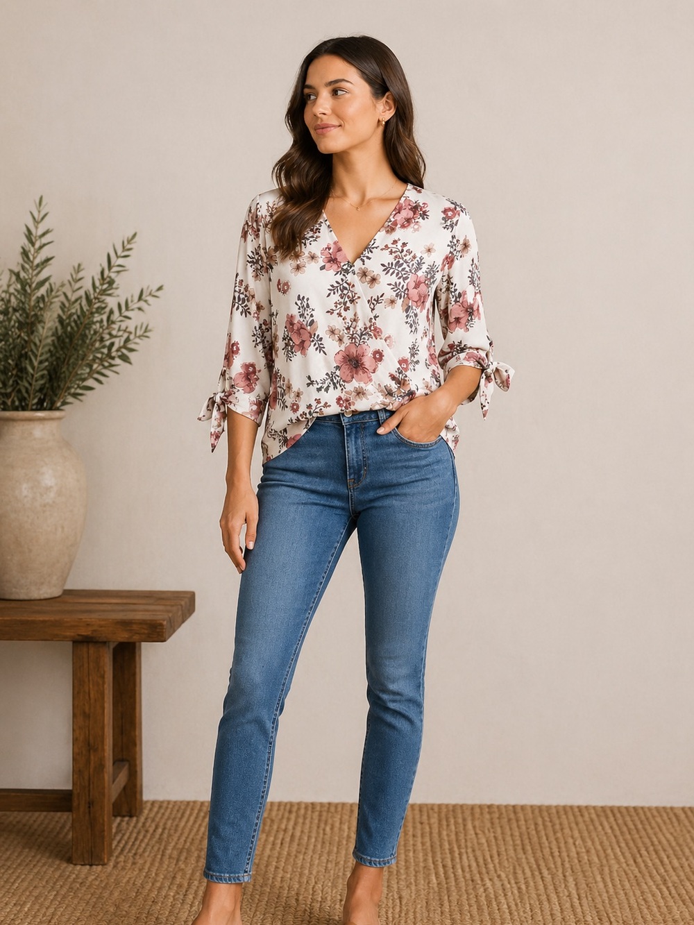 Floral V-Neck Blouse - White and Pink